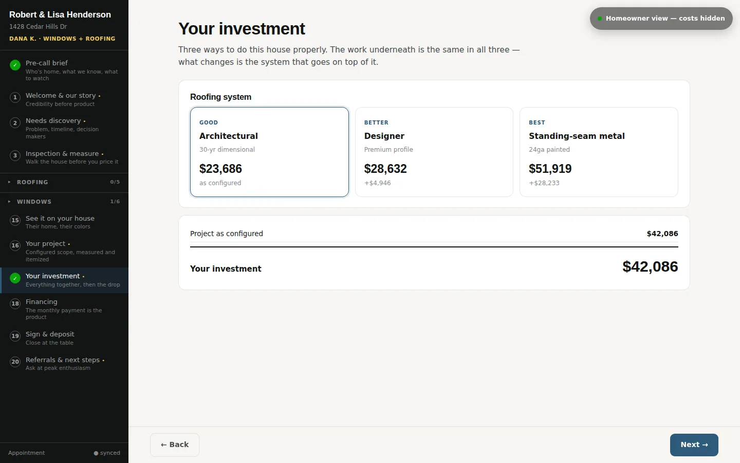 The presentation in homeowner view, with every cost and margin figure removed.